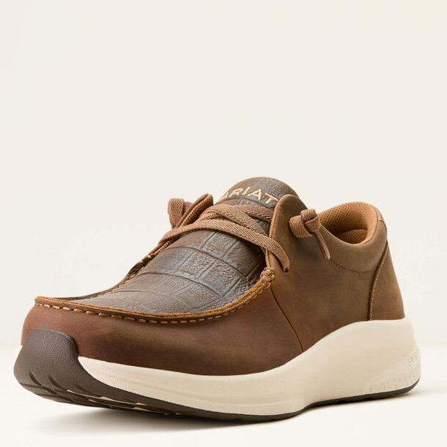 ARIAT MEN'S BUCKEYE DISTRESSED BROWN WITH TAN CROCODILE PRINT FOOT MOC TOE CASUAL SHOES