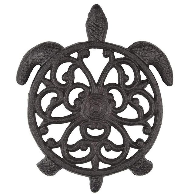gasaré, Cast Iron Trivet, Sea Turtle Decor, for Hot Dishes, Pots, Pans, Kitchen, Rubber Feet Caps, Ring Hanger, 8 ½ x 7 Inches, Rustic Brown Finish, 1 Unit