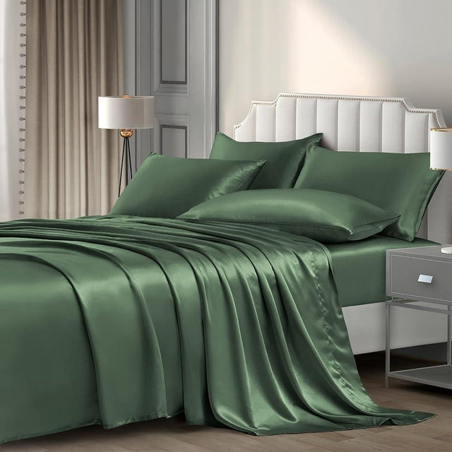 P Pothuiny 6 Pieces Queen Satin Sheets Luxury Woodland Green Satin Bedding Sheet Set, 1 Deep Pocket Fitted Sheet + 1 Flat Sheet + 4 Pillow Cases