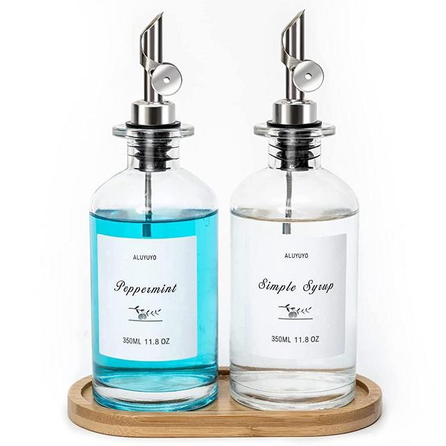 ALUYUYO Olive Oil Dispenser Set, Coffee Syrup Dispenser Glass Bottles for Kitchen, Oil Dispenser Bottle for kitchen, Cooking Oil Dispenser w. Wooden Tray and Labels, Oil and Vinegar Dispenser Set （Silver）