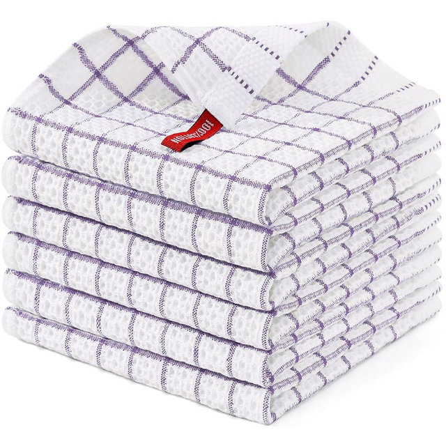 Homaxy 100% Cotton Dish Cloths, 6 Pack-12 X 12 Inches, Check Design Waffle Weave Dish Rags for Washing Dishes, Ultra Absorbent and Fast Drying Dishcloths, Purple
