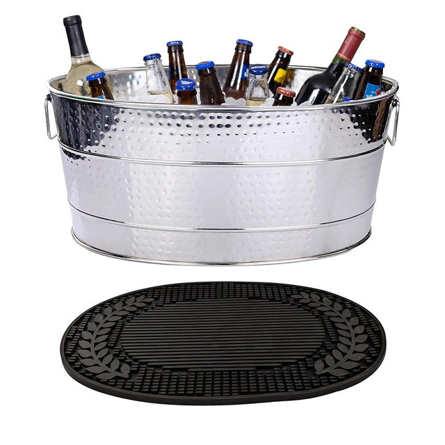 BREKX Stainless Steel Beverage Tub + Insulated Multi-Functional Bar Mat for Parties & Events (6-Gallon), Large Ice Bin for Drinks with Rubber Drying Mat Set