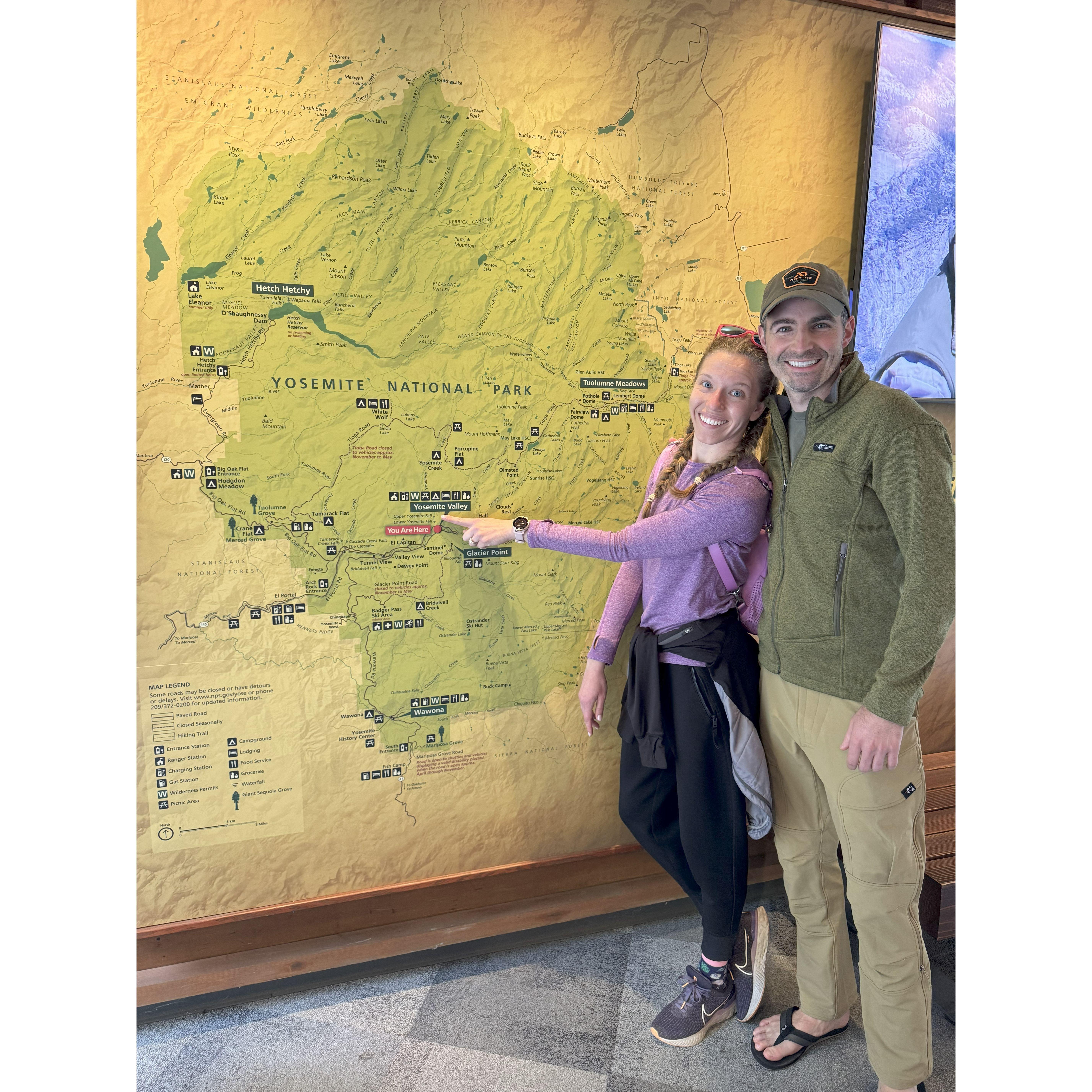 Happily pointing to where Kirk proposed on the large Yosemite Valley Welcome Center Map