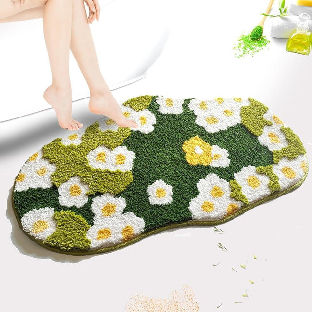 Yhoelata Moss Floral Bath Mat, Cute Plant Toilet Rug, Summer Flower Bathroom Rugs, Green Aesthetic Shag Decor Rug, Soft Absorbent Non Slip Bathroom Mat for Wash Sink Bathtub Shower, 24"×16"