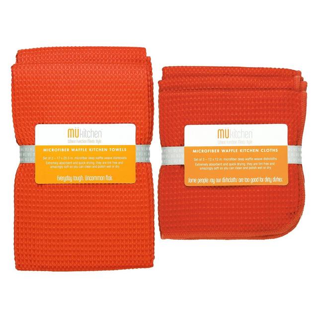 Set of 5 Ultra Absorbent Microfiber Waffle Kitchen Towel And Dish Cloth Set Orange - Mu Kitchen