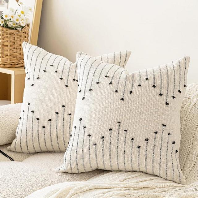 LILEPOY Boho Throw Pillow Covers 20x20 Set of 2 Neutral Decorative Textured Cushion Case Farmhouse Pillowcase Modern Square Pillow Covers for Sofa,Couch, Living Room,Beige and Black