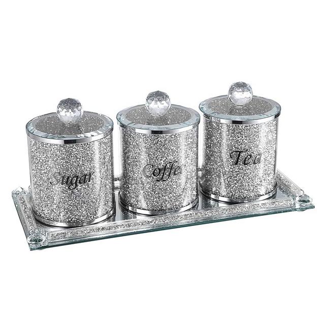 JUXYES Set of 4 Sparky Glass Crushed Diamonds Canisters Set for Sugar Coffee Tea Features Tray, Luxurious Storage Containers Sets with Lids Decorative Storage Pots for Kitchen Counter Dining Room