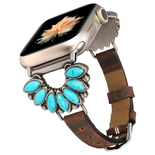 Moolia Boho Turquoise Strap Compatible with Apple Watch Band 42/41/40/38/46/45/44/49mm, Women Western Vintage Leather Strap Inlay for iWatch Series 11 10 9 8 7 6 5 4 3 2 1 SE/Ultra（1/2/3）