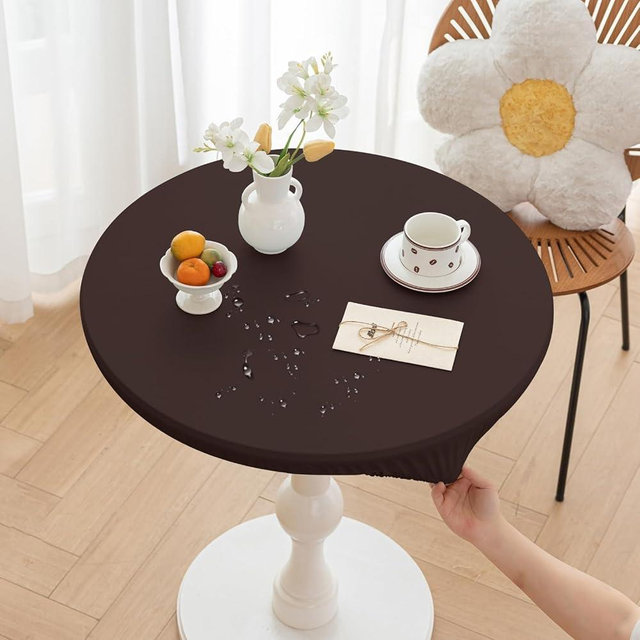 Huierxun Round Fitted PU Tablecloth with High Elastic Edge 28 Inch Dia Waterproof Oil Proof Table Cloth Anti-Scald Stain-Resistant Wipeable Table Cover for Indoor Outdoor Picnic (Coffee,28" Dia)