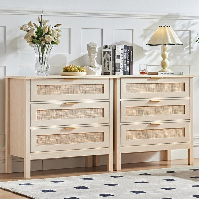 LEYAOYAO 31.5" Wide Rattan Night Stand Set 2, Large Boho 3 Drawer Nightstand, Grey White Bed Side End Tables with Storage, Tall Bedside Table,Chest of Drawers Dresser for Bedroom Living Room Hallway