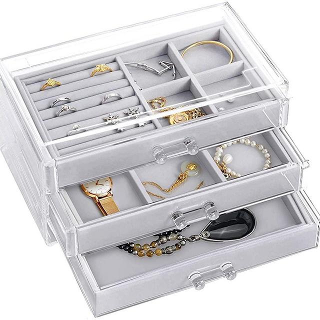 hblife Clear Jewelry Box Acrylic Velvet Jewelry Organizer for Women with 3 Drawers Ring Earring Necklace Bracelet Holder Display Case, Gray
