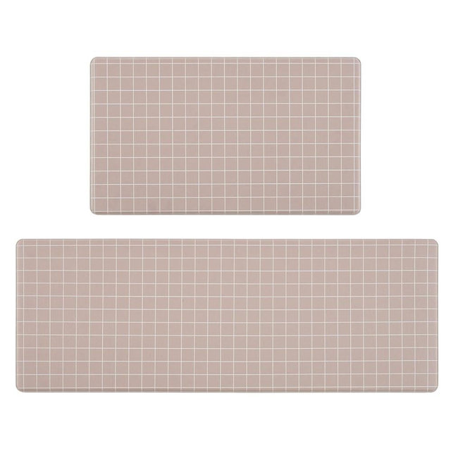 FRESHMINT 2 Piece Kitchen Mat, Farmhouse Anti Fatigue Cushioned Kitchen Mats Set for Floor, Plaid Non Slip Comfort Standing Mat, Grid Checkered Kitchen Rug, 17"x30"+17"x47", Khaki Tan