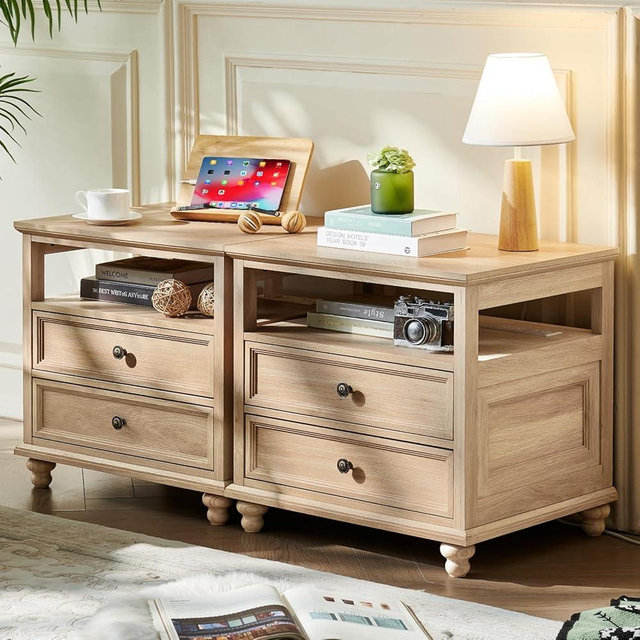Joaxswe Farmhouse Nightstand Set of 2 with Charging Station, 24" Wide End Table with 2 Drawers,Natural Dresser for Bedroom,Bed Side Table Chest of Drawers Cabinet, Night Stand for Living Room