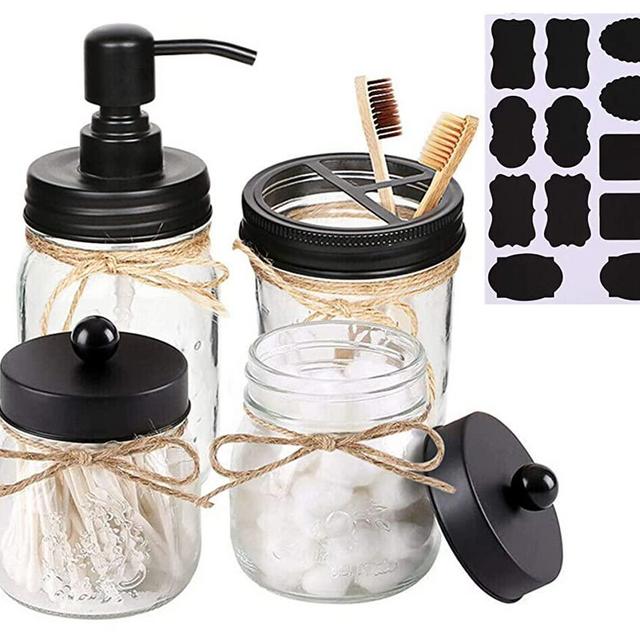 Aebor Mason Jar Bathroom Accessories Set(4 Pcs)-Foaming Soap Dispenser &2 Cotton Swab Holder Set &Toothbrush Holder(Black)