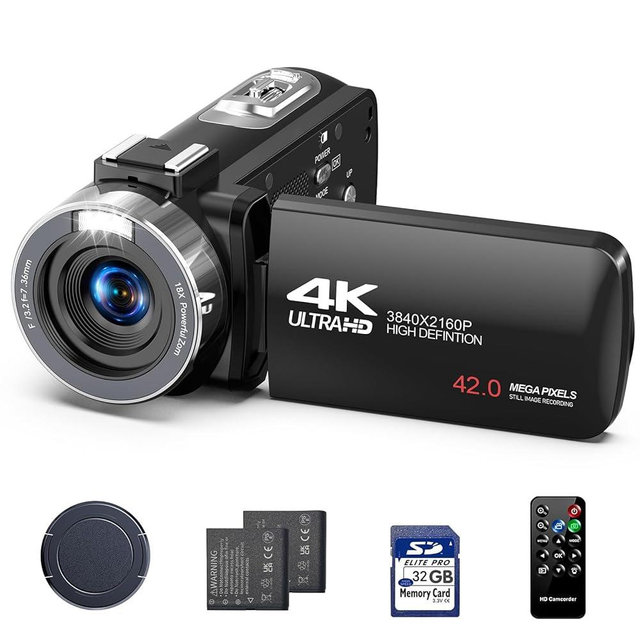 FIREFOTO Camcorder Video Camera 4k 42MP, 18X Digital Zoom Vlogging Video Recorder for YouTube 3”270°Rotation Screen Compact 4K Travel Camcorders with 2 Batteries, 32GB SD Card, Remote Control