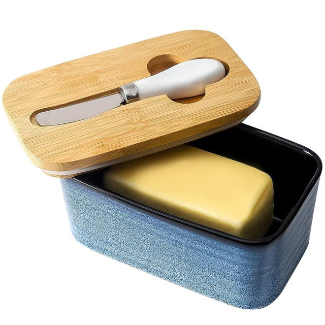 Hasense Porcelain Butter Dish with Bamboo Lid - Covered Butter Keeper with Butter Knife for Countertop, Airtight Butter Container with Cover for East West Coast Butter, Navy