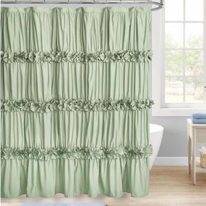 Sage Ruffle Shower Curtain, Vintage Handcrafted Bow Tie Bath Curtain for Master Bathroom, Ruched Microfiber Bathroom Curtain with 12 Buttonholes, 72" W x 72" H (LQ-10)