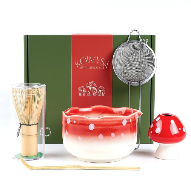 KOIMYSA Cute Matcha Set With Mushroom Design Bowl And Whisk Holder, Unique Japanese Matcha Kit Gifts For Women Girls Friends Tea Lovers, Red