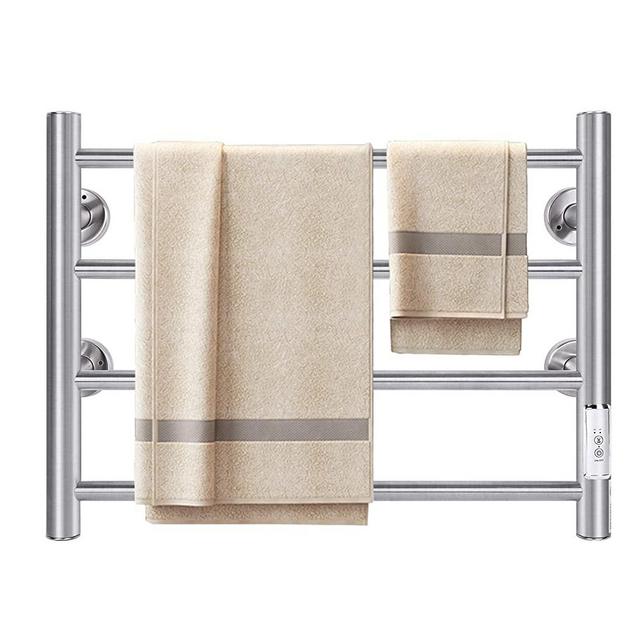 JSLOVE Towel Warmer 4 Bars Wall Mounted with Built-in Timer Electric Heated Towel Racks for Bathroom, Stainless Steel Hot Plug-in Bath Towel Heater, Brushed