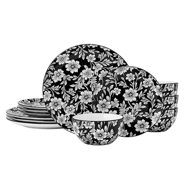 Pfaltzgraff Midnight Blooms 12 Piece Floral Stoneware Dinnerware Plate Bowl Dish Set, Service for 4, Black