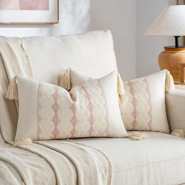 Fancy Homi Set of 2 Boho Pink Lumbar Decorative Throw Pillow Cover 12x20 Inch for Couch Bed Sofa Chair, Modern Organic Farmhouse Home Decor, Soft Cotton Cute Accent Rectangle Cushion Case with Tassels