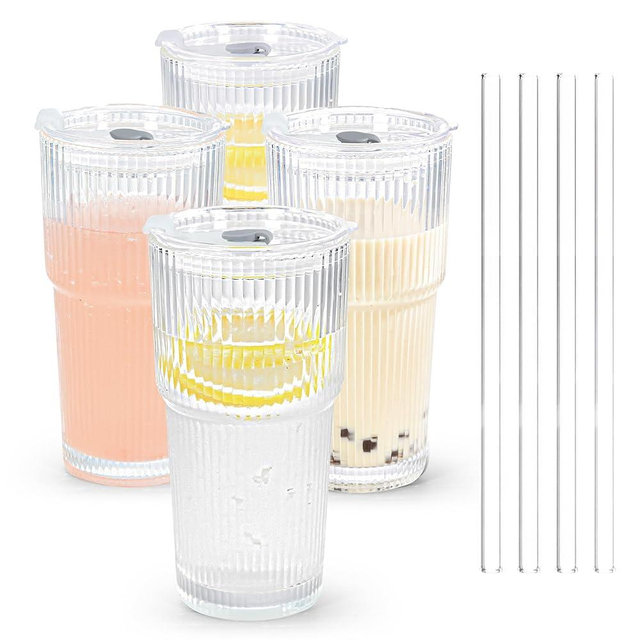 Icesip 20 oz 4 Pcs Drinking Glass Set with Straw and Lid Vertical Stripes Ribbed Iced Coffee Mugs Vintage Glass Cup for Tea Juice Soda Smoothie(Clear*4)