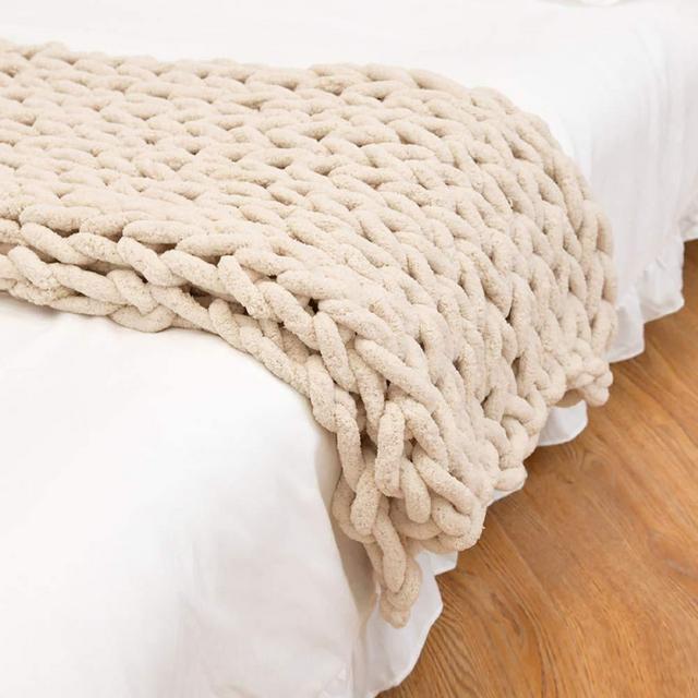 Eastsure Chunky Knit Blanket Chenille Throw - Warm Soft Cozy for Sofa Bed Boho Home Decor 100% Hand Made Stylish & Cosy Throw Blanket Beige 40''x40''(Singe Sofa)