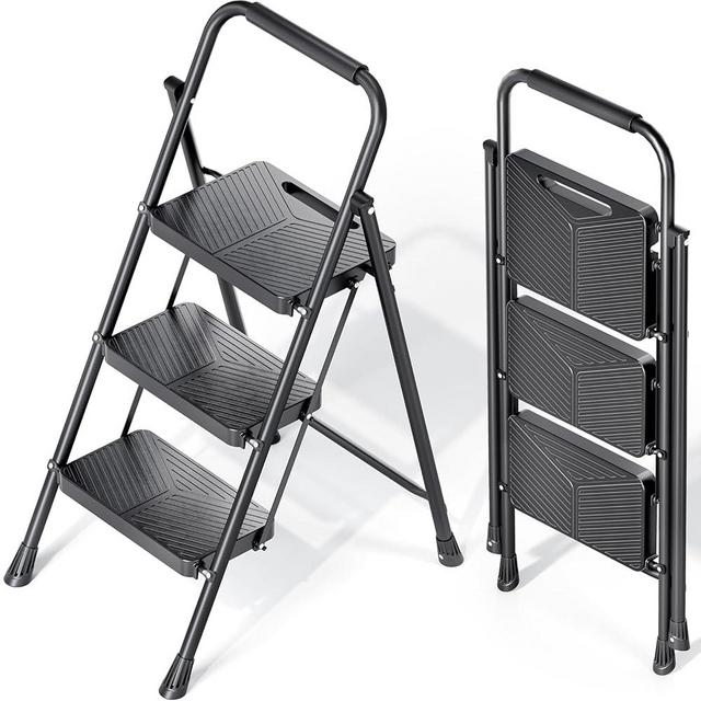 KINGRACK 3 Step Ladder, Folding Step Stool with Safe-Lock Design, 500 lbs Sturdy Steel Ladder with Wide Anti-Slip Pedal, Convenient Handrail for Household and Kitchen, Black