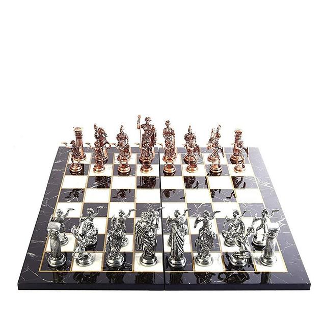 Historical Antique Copper Rome Figures Metal Chess Set for Adults, Handmade Pieces and Marble Design Wood Chess Board King 4.3 inc