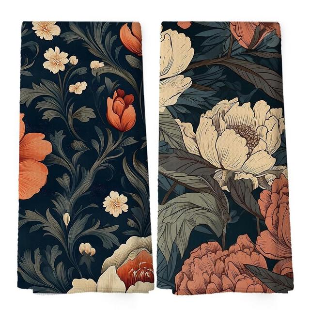 shiviody Retro Floral Kitchen Towels - Orange and White Flower Dish Towels, Vintage Elegant Wildflower Decorative Absorbent Dishcloths Hand Towels Set of 2 for Kitchen Bathroom Decor 16x24 Inches