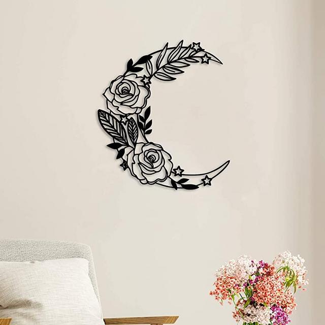 PLTz Art Metal Moon Flower Wall Art Decors, 17.8''x19.7'' Inches(45.2x50 cm) Moon Flowers Black Metal Wall Art decor, Crescent Moon with Floral art. Wall Hangings Home Livingroom Bedroom Boho Decor.
