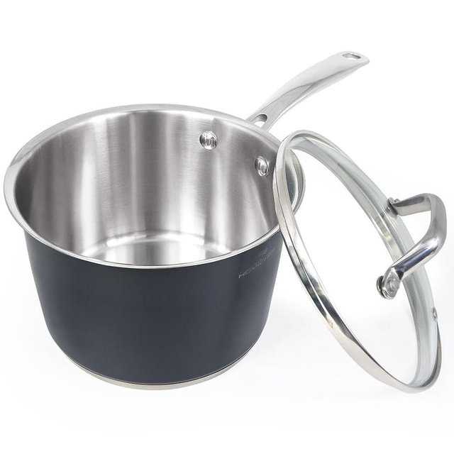 HOMICHEF Matte Polished NICKEL FREE Stainless Steel 2.5 QT Sauce Pan with Glass Lid (No Toxic Non Stick Coating) - Navy Gray Non Toxic Stainless Steel Induction Saucepan with Lid