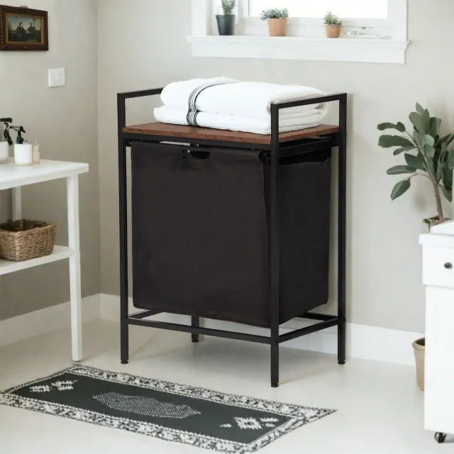 FurnitureR 19.69'' Laundry Hamper with Shelf, 1-Section Laundry Sorter with Removable Bag & Wooden Top, Wide Metal Frame Laundry Basket Brown/Black