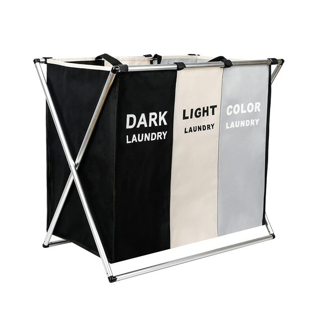 Laundry Cloth Hamper Sorter Basket Bin Foldable 3 Sections with Aluminum Frame 26''×24''H Washing Storage Dirty Clothes Bag for Bathroom Bedroom Home Storage basket (3 Liner, White+grey+black)