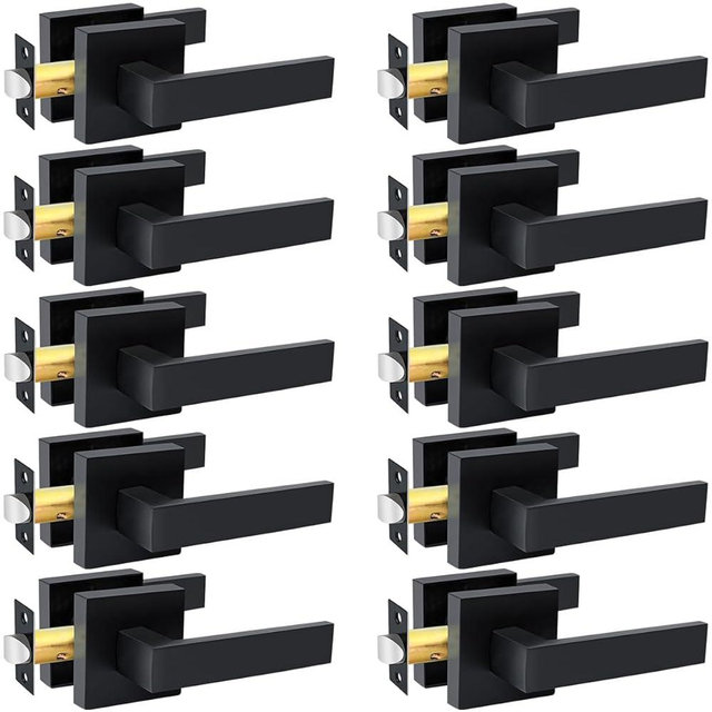 KAMOTA Passage Door Levers, 10 Pack Black Heavy-Duty Door Handles, Square Non-Locking Door Knobs, Right and Left Handed for Closets, Hallways and Conference Rooms