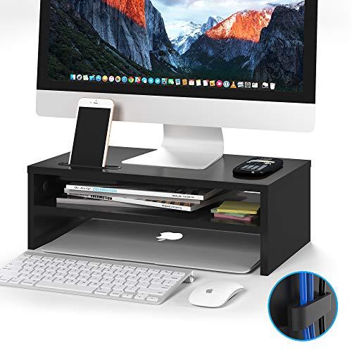 1home Wood Monitor Stand Arm Riser Desk Storage Organizer, Speaker TV Laptop Printer Stand with Cellphone Holder and Cable Management, 16.7 inch 2 Tiers Shelves Black