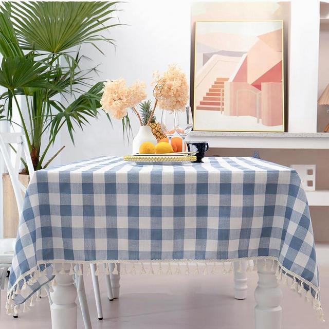 Midsummer Breeze Buffalo Plaid Square Tablecloth-Cotton Blend Gingham Table Cloth for Kitchen Restaurant Farmhouse Spring Summer Holiday Decor (55x55 Inch,Blue)