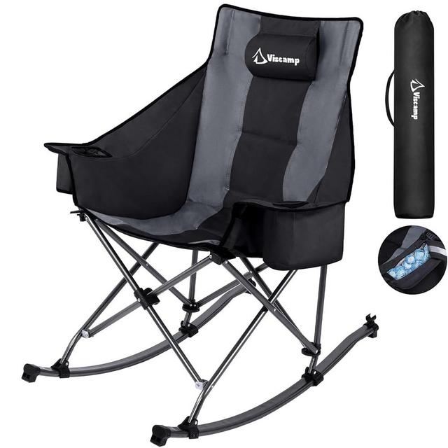350lbs Rocking Camping Chair, Oversized Fully Padded Patio Chair Lawn Chairs With Cooler Bag Headrest and Cup Holder Rocking Chair Outdoor Folding Chairs For Outside Camping Contest(BlackGray)