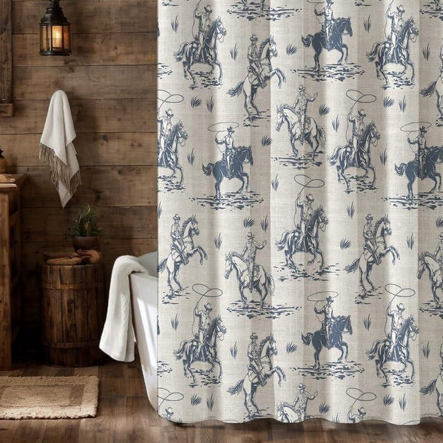 MUGINYU Western Cowboy Linen Shower Curtain- Vintage Farmhouse Fabric Shower Curtain Set, Country American Wild West Cowboy Riding Horse in Desert Shower Curtains for Bathroom, 72x72 Bath Curtain