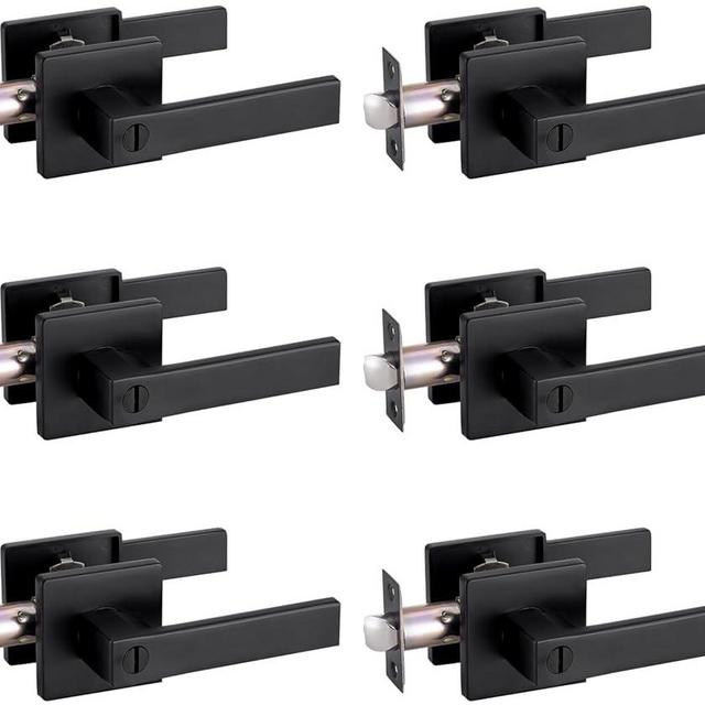 MENDOCK Privacy Door Handle Keyless GreenShield Lock Set, Heavy Duty Reversible Interior Door Lever for Bedroom Bathroom, Square Door Lock for Left & Right Handed Doors (6 Pack, Matte Black)