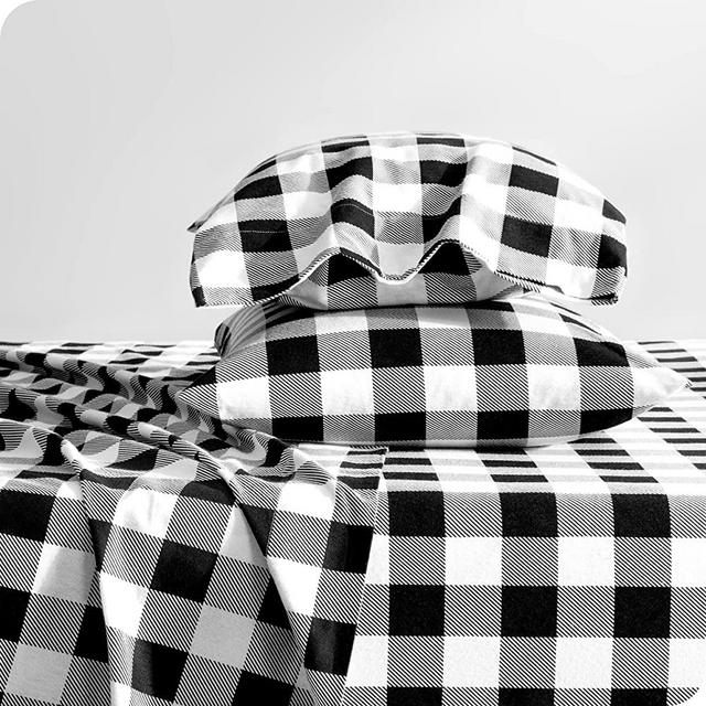Bare Home Flannel Sheet Set 100% Cotton, Velvety Soft Heavyweight - Double Brushed Flannel - Deep Pocket (King, Buffalo Plaid - White/Black)