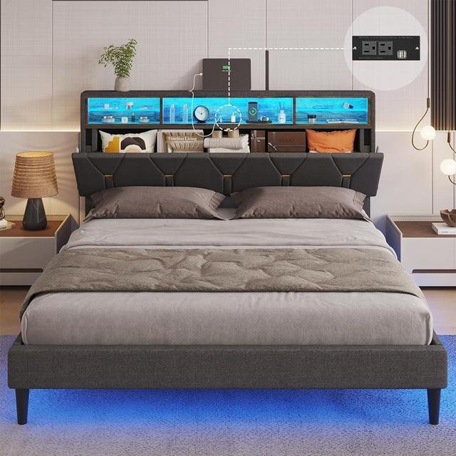 ADORNEVE Queen Bed Frame with USB Ports & Outlets, LED Bed Frame Queen Size with Shelf Storage Headboard, Upholstered Platform Bed with LED Lights, Solid Wood Slats, Stable Structure, Dark Gray