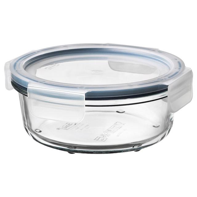 Food container with lid, round glass/plastic, 14 oz