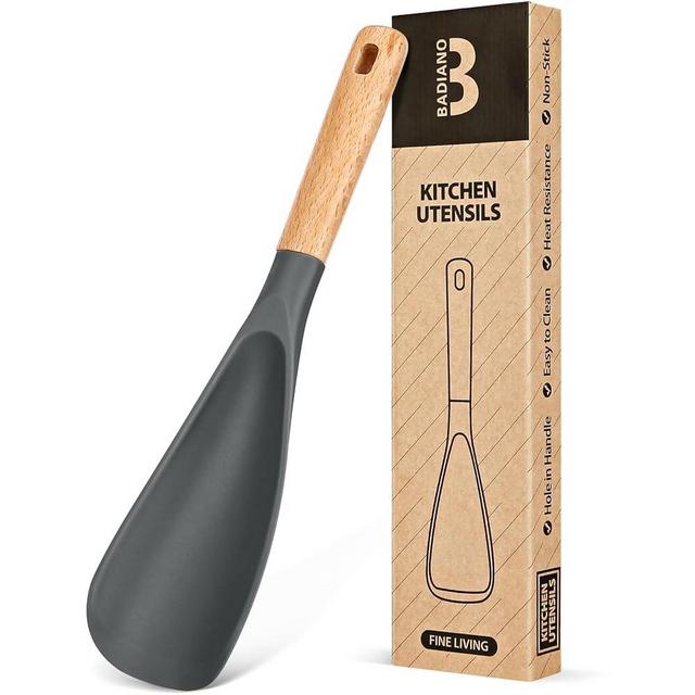 Cooking Spoon for Nonstick Cookwares, Great for Cooking and Serving Sturdy BPA-Free Matte Silicone, Wood Handle Spoon for Mixing, Scoop, and Scrape (GREY, 11.4 inch)