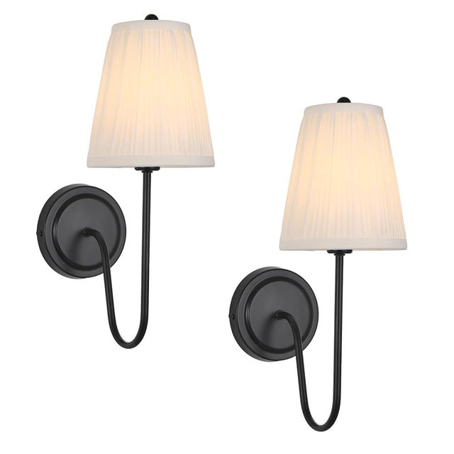 Electro bp; Elegant Single Wall Sconces White Pleated Fabric Lamp Shades with Black Curved Metal Arm Silk Cover Wall Lighting,E12,40W,Hardwired(Set of 2);