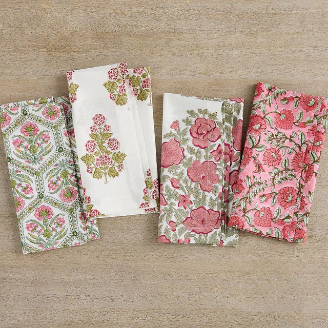 Lainey Block Print Cotton Napkins, Mixed Set of 4 - Pink