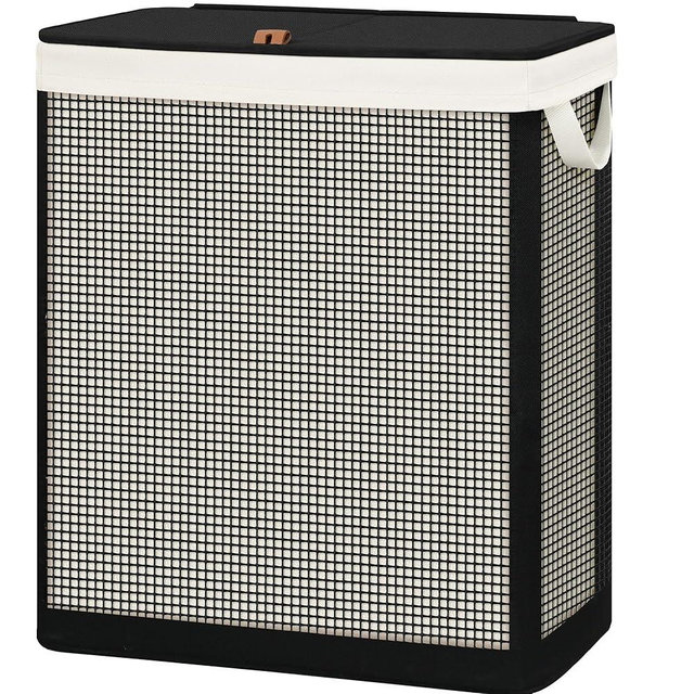 STO STO Double Laundry Hamper with Lid, 140L Large 2 Section Laundry Sorter, Laundry Basket with Removable Washable Canvas Liner Bag, Breathable Clothes Hamper for Bedroom Bathroom Laundry Room Closet
