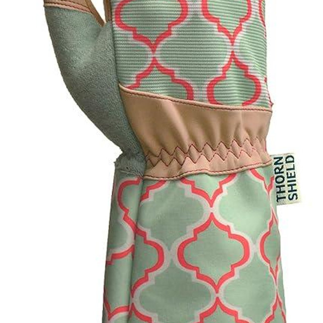 Digz Rose Pruning Vegan Leather Garden Gloves, Long Forearm Protective Cuff with Touchscreen Compatible Finger Tips, Red Geometric Pattern, Medium