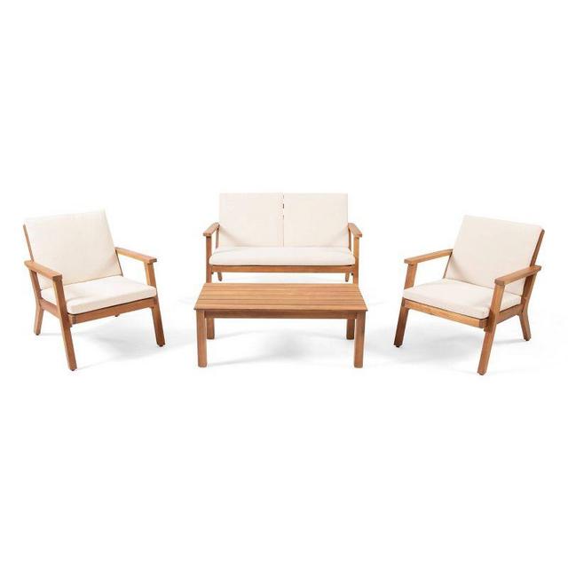 Temecula Outdoor Acacia Wood 4 Seater Chat Set with Cushions - Brown Patina/Cream - Christopher Knight Home