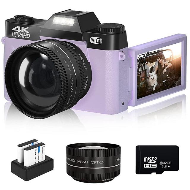 Vlogging Camera for YouTube, 4K 48MP Digital Cameras for Photography with WiFi, 16X Digital Zoom Manual Focus 52mm Wide-Angle Lens & Macro Lens, 32G Micro Card and 2 Batteries (Purple)